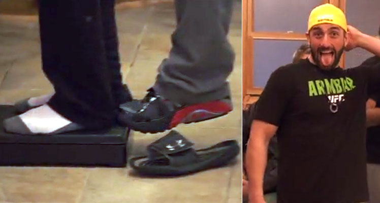 Gotcha! Vik Grujic (right) gives Chad Laprise some weighty issues by a strategically placed foot on the scales.