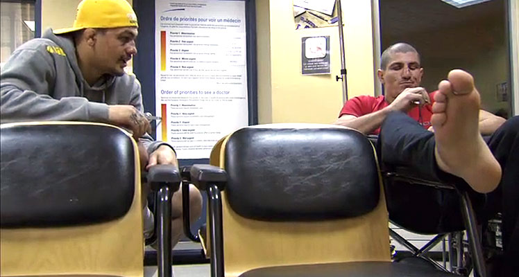 Bonding time ... Team Australia's Tyler Manawaroa (left) and Team Canada's Nordine Taleb at the hospital after their fight.