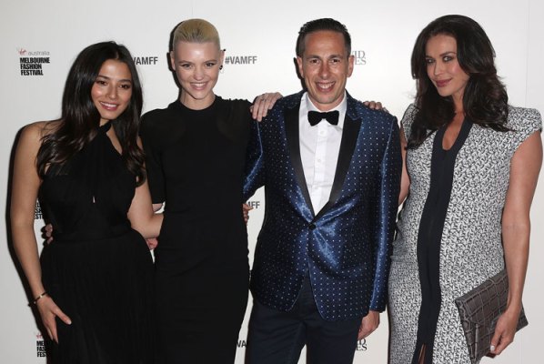 VAMFF CEO Graeme Lewsey poses with David Jones ambassadors Jesica Gomes, Montana Cox and Megan Gale.