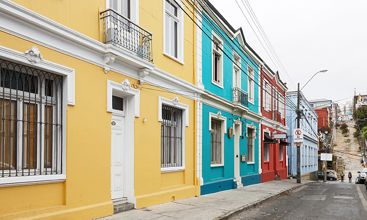 Brightly-hued houses in Valparaiso.