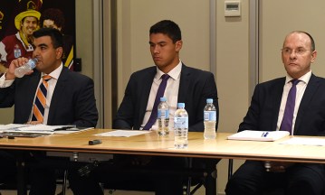 Defence Counsel Nick Ghabar (l) with Jordan McLean and Storm CEO Mark Evans. Photo: AAP