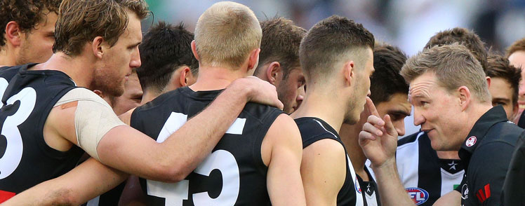 An animated Nathan Buckley at three quarter time. Photo: Getty