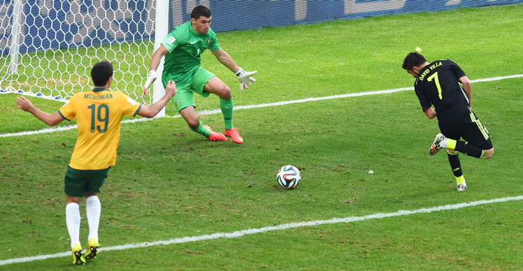 36th minute: The heel of Villa completes the goal that will put fear in the hearts of A-League defenders. Photo: Getty