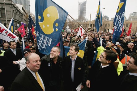 Glory days: Combet (far right) with Brian Boyd of the Trades Hall, Martin Kingham of the CFMEU current Labor leader Bill Shorten at the ACTU Melbourne stop-work rally in January 2005. Photo: Getty