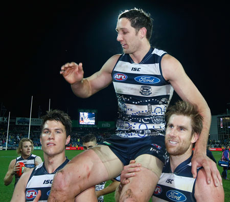 Harry Taylor after his 150th. The Cats star has shown he understands the broader issue. Photo: Getty