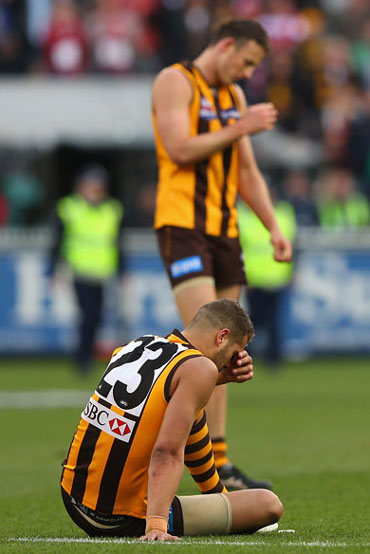 Franklin was distraught after the 2012 loss to Sydney, in which he kicked 3.4 and one out on the full. Photo: Getty