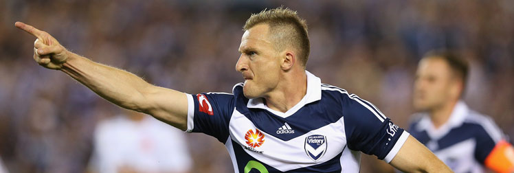 The Victory's Albanian import Besart Berisha after concerting his penalty. Photo: Getty