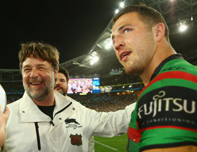 That's my boy: Russell Crowe and Sam Burgess after the game. Photo: Getty
