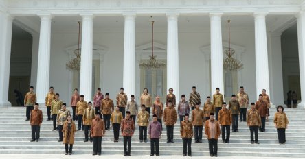Indonesian President Joko Widodo poses for photos with members of his cabinet.