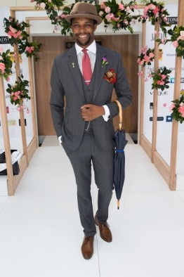 A creative, tonal menswear look at the Caulfield Cup. Photo: SDP Media.