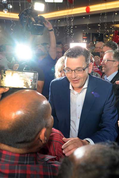 Daniel Andrews celebrates with supporters in his electorate of Mulgrave. Photo: AAP