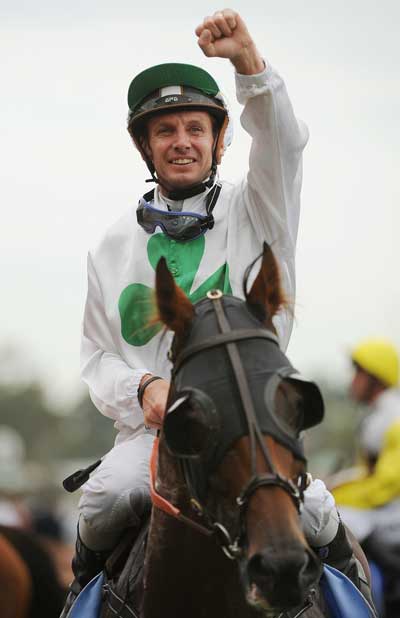 Peter Mertens after winning the 2008 Australian Cup on the Bart Cummings-trained Sirmione. Photo: AAP