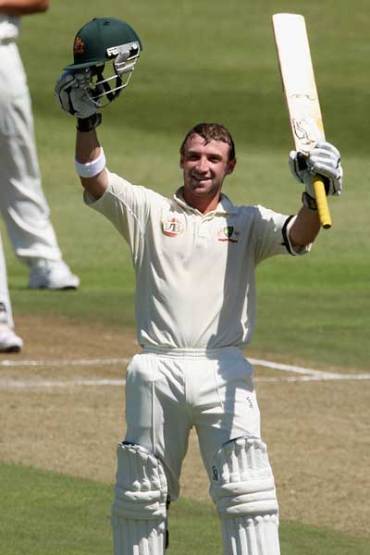 Phil Hughes after his first Test ton in Durban, 2009. Photo: Getty