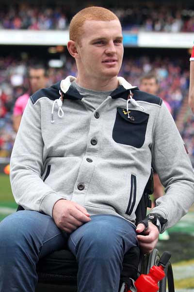 Alex McKinnon attends the Knights clash with the Titans in the 'Rise for Alex' round. Photo: Getty