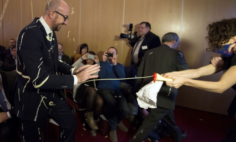 Charles Michel has a mayonnaise shower. Photo: Getty