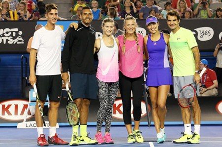 Among equals: Would Federer (far right) ever be asked about anything other than Tennis after a win? Thanasi Kokkinakis, Nick Kyrgios, Eugenie Bouchard, Victoria Azarenka, Ana Ivanovic and Roger Federer at the Australian Open's Kids Day. 