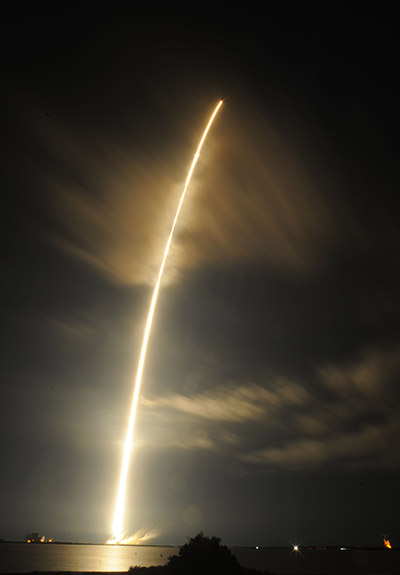 Space X's Falcon 9 rocket launches on January 10, 2015 as it heads to space from pad 40 at Cape Canaveral, Florida.