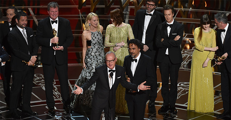 Michael Keaton speaks after Birdman wins best film at the 2015 Oscars.