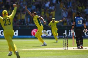 Game changer: Mitchell Starc knocks over Brendon McCullum. Photo: Getty