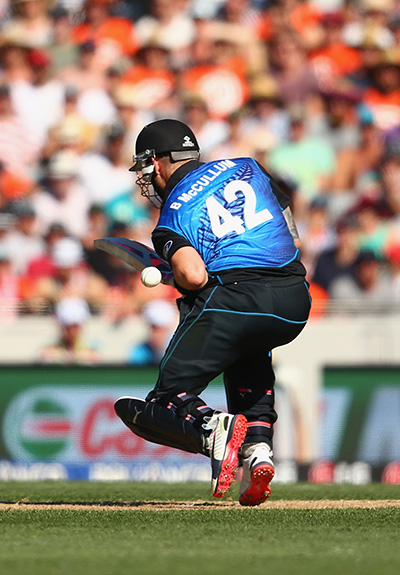 McCullum gets hit on the arm during the Kiwis' win. Photo: Getty