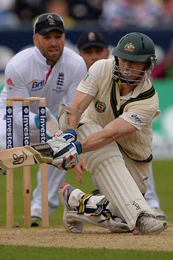 Rogers brings up his first Test century with a sweep. Photo: Getty