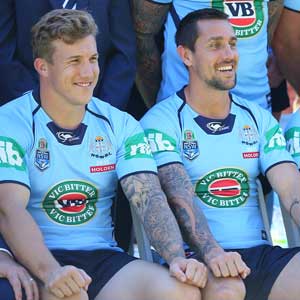 Trent Hodkinson and Mitchell Pearce. Photo: Getty