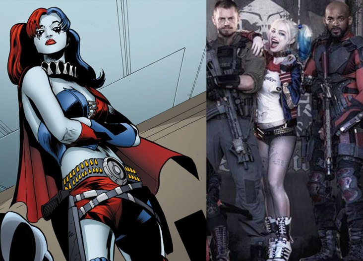 Harley Quinn in the comic books (left) and in the film, played by Australian actress Margot Robbie.