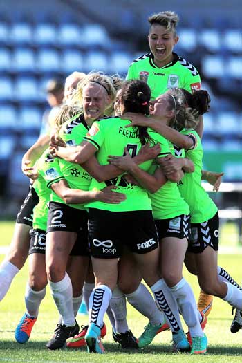 Canberra players celebrate qualifying for last year's W-League Grand Final. Photo: Getty