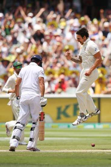 A familiar sight in the 2013-14 Ashes as Johnson celebrates a wicket. Photo: Getty