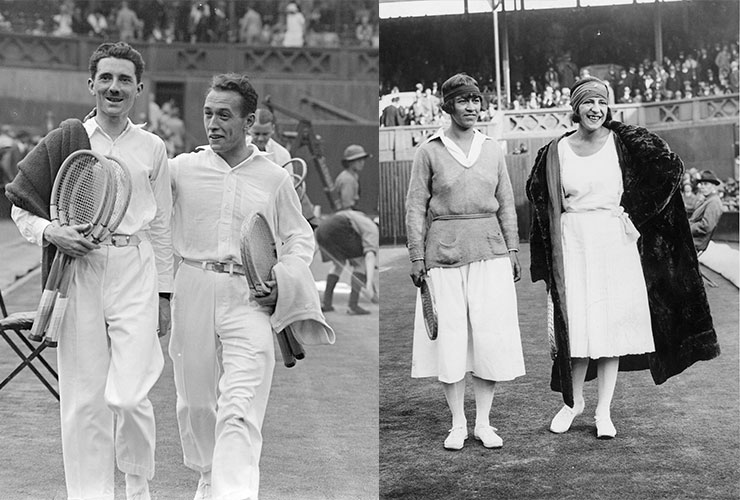 French mens' players Henri Cochet and Jacques Brugnon in 1926 and Norwegian player Molla Mallory with French player Suzanne Lenglen in 1924. 