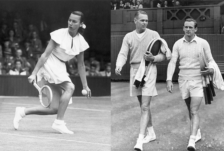 L-R: US player Gussie Moran in 1949 and US player Jack Kramer with his Australian opponent G Brown in 1947.