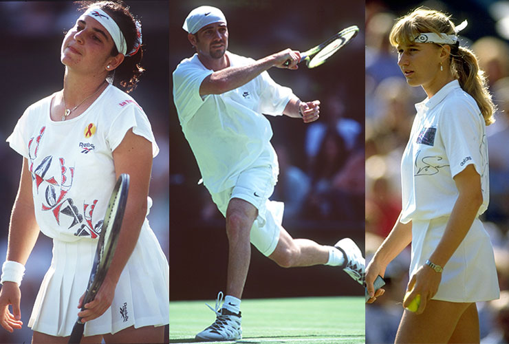 L-R: Spanish player Arantxa Sanchez in 1994, US player Andre Agassi in 1995 and German player Steffi Graf in 1990. 