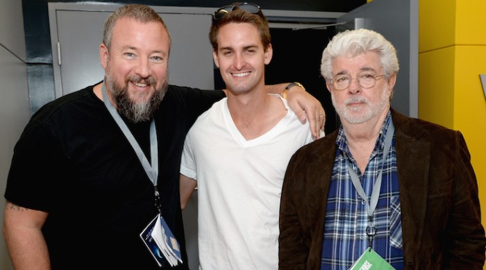 Spiegel (centre) with VICE CEO Shane Smith (left) and George Lucas (right). Photo: Getty