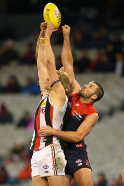Riewoldt (L) flies for a mark. Photo: Getty