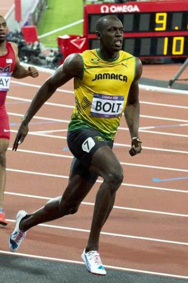 Bolt after winning gold in London, 2012. Photo: Getty