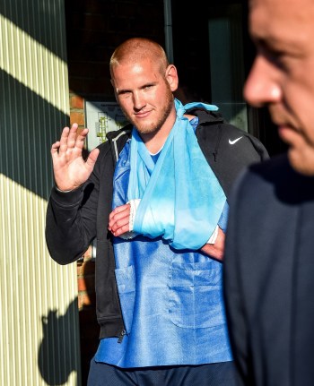 Spencer Stone, the third of the group of American tourists, leaves a French hospital. Photo: Getty