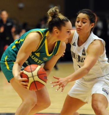 Australia's Kelly Wilson, attacks New Zealand's Jordan Hunter.