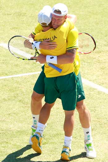 Lleyton Hewitt and Sam Groth were instrumental in getting Australia into the semis with a win over Kazakhstan. Photo: Getty