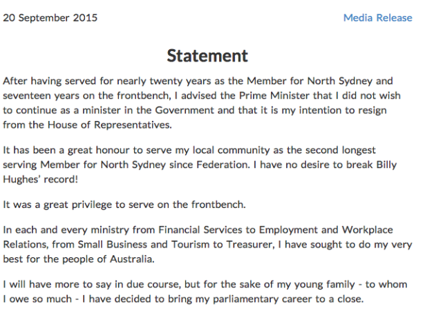 joe hockey resignation