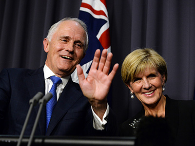 Australian Prime Minister designate Malcolm Turnbull (left) and Deputy Prime Minister designate Julie Bishop speak during a press conference in the Blue Room, after winning the Australian Federal leadership in a party ballot vote, at Parliament House in Canberra, Monday, Sept. 14, 2015. (AAP Image/Sam Mooy) NO ARCHIVING