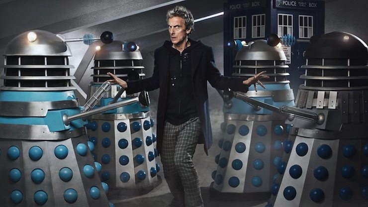 Peter Capaldi as Doctor Who with the alien Daleks.