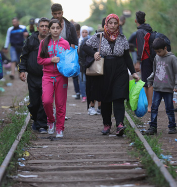 Hundreds of migrants cross the border from Serbia into Hungary.