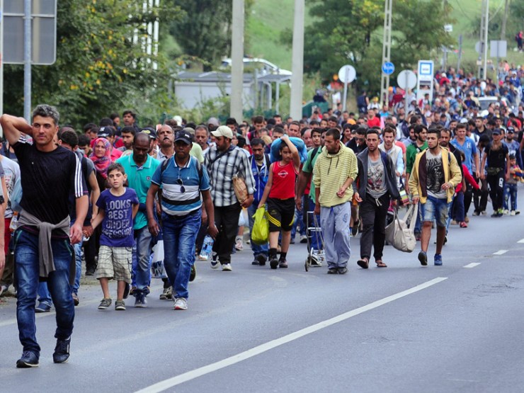 Migrant group of about 500 refugees walks on a road near Budaors, Hungary.