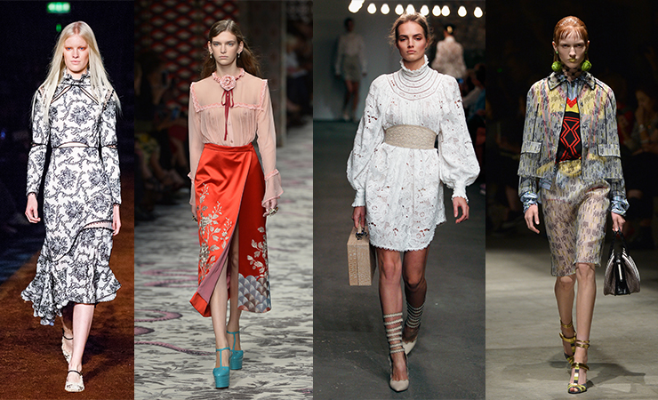 L-R: looks from Erdem, Gucci, Zimmermann and Prada. Photos: Getty