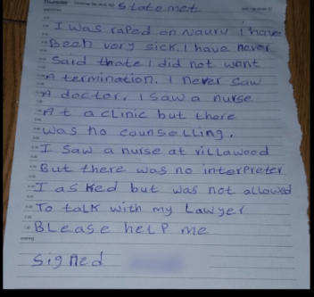 A statement written by Abyan after being sent back to Nauru.