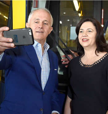 The PM also loves the odd selfie...pictured with Ms Palaszczuk in Southport.
