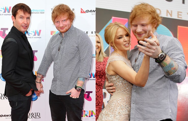 Ed Sheeran clowns around with James Blunt (left) and Kylie Minogue (right). Photo: Getty