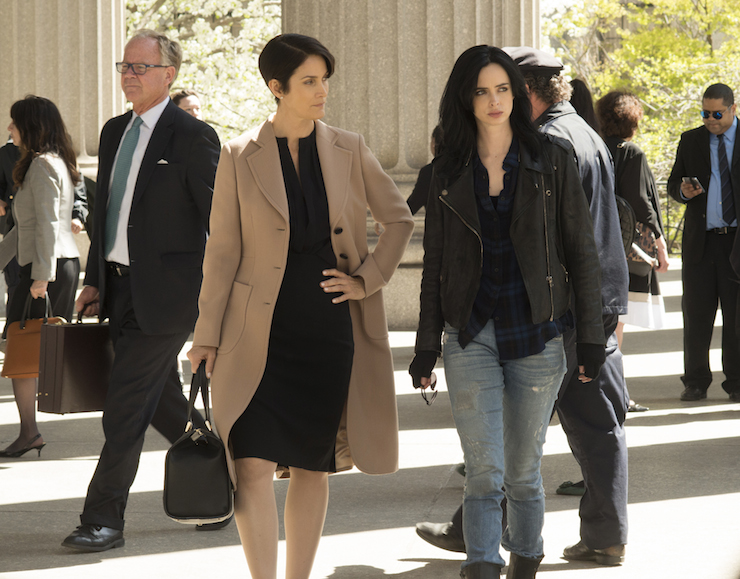 Carrie-Anne Moss as Jeri Hogarth (left) and Krysten Ritter as Jessica Jones.