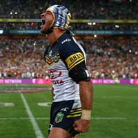 JT lets it all out after the Cowboys NRL win. Photo: Getty