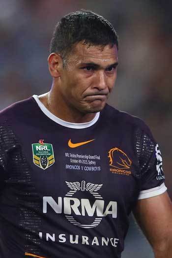 A dejected Justin Hodges after his Broncos lost the NRL Grand Final in heartbreaking fashion. Photo: Getty